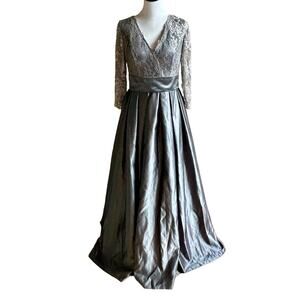 NWT LanTing gray/pewter lace and satin gown sz L